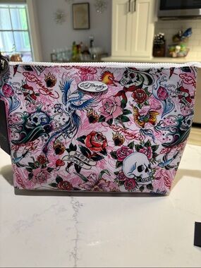 Ed Hardy Pink Floral Skull Cosmetic Pouch with Multicolor Tattoo Print